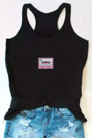 Casette pink print Black Tank Top