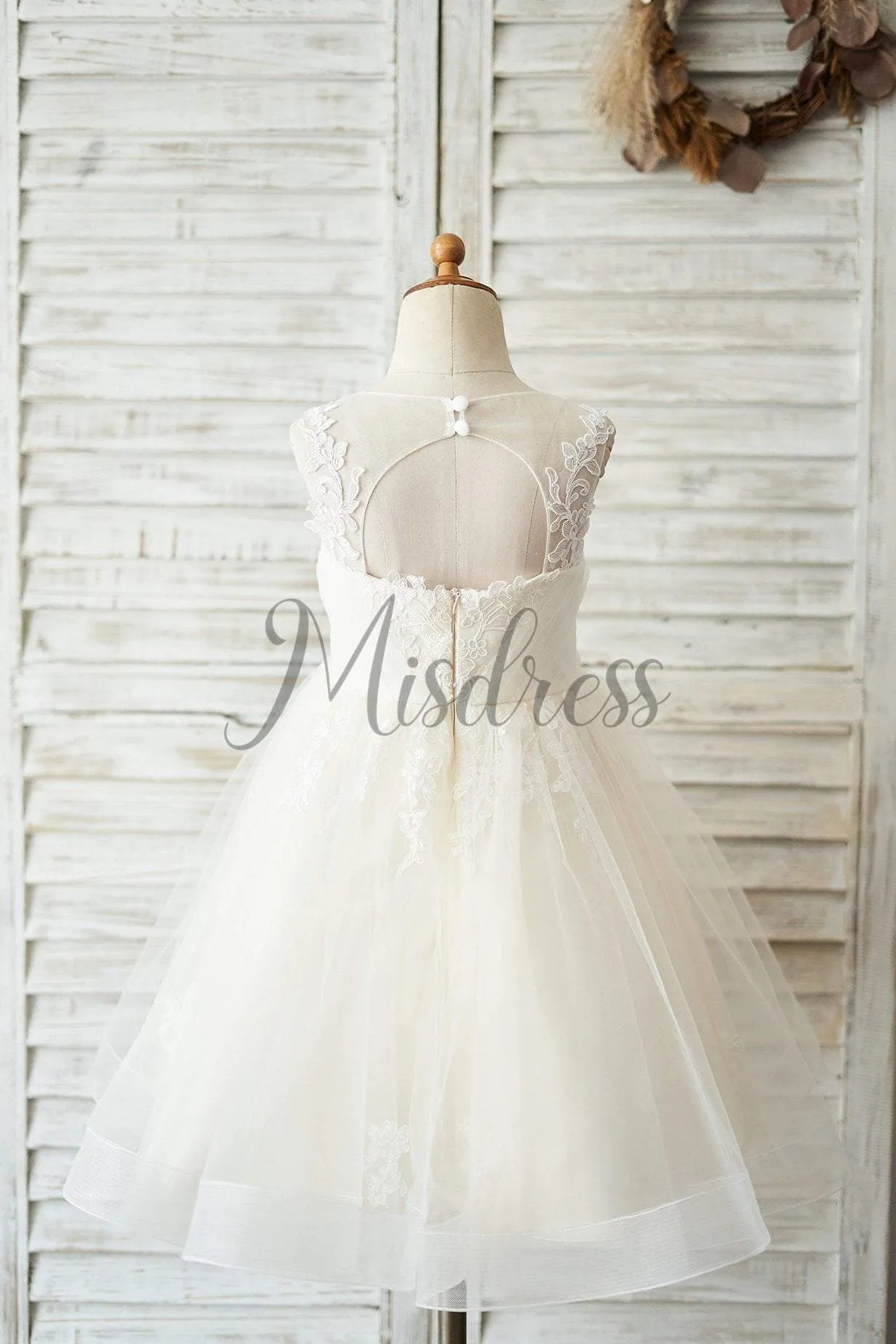 Champagne Lace Tulle Keyhole Back Wedding Flower Girl Dress