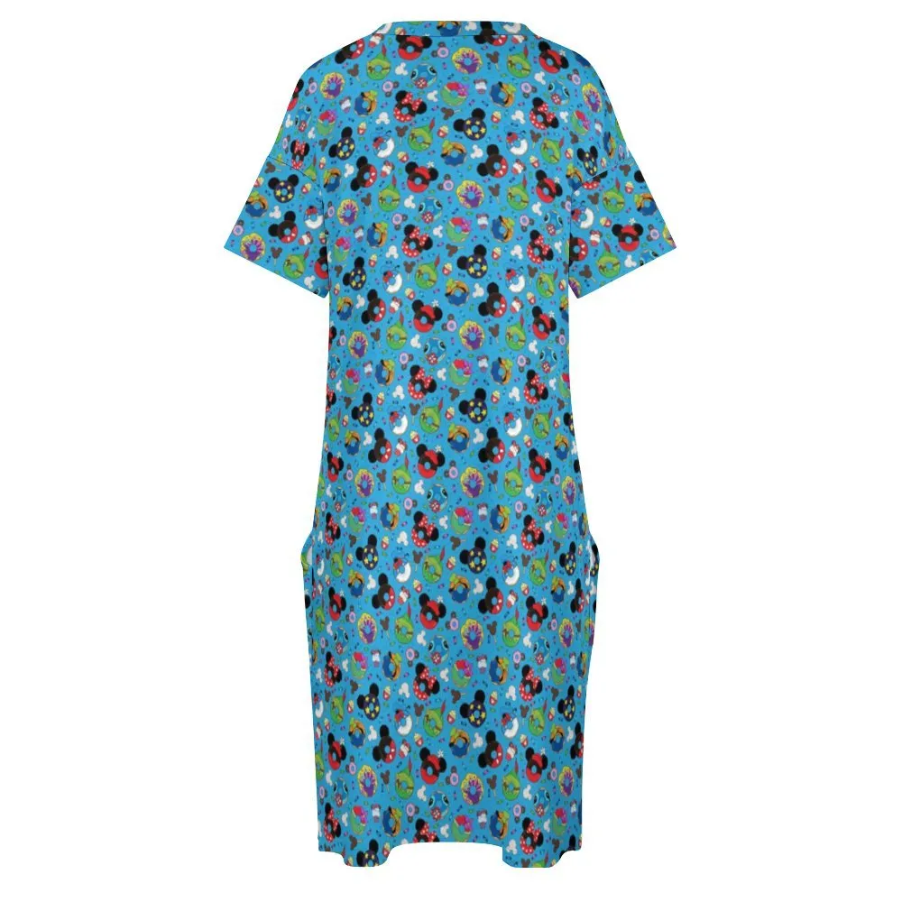 Character Donuts Women's V-neck Loose Dress With Pockets