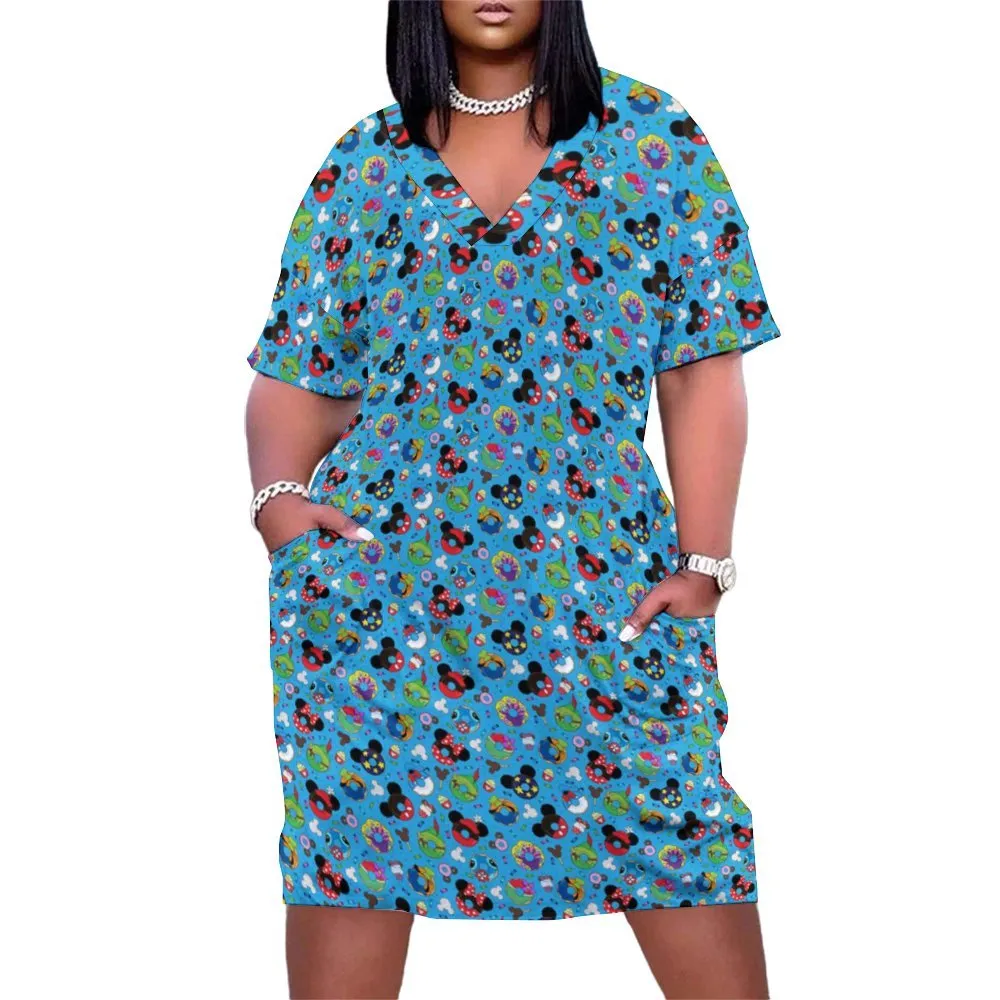 Character Donuts Women's V-neck Loose Dress With Pockets