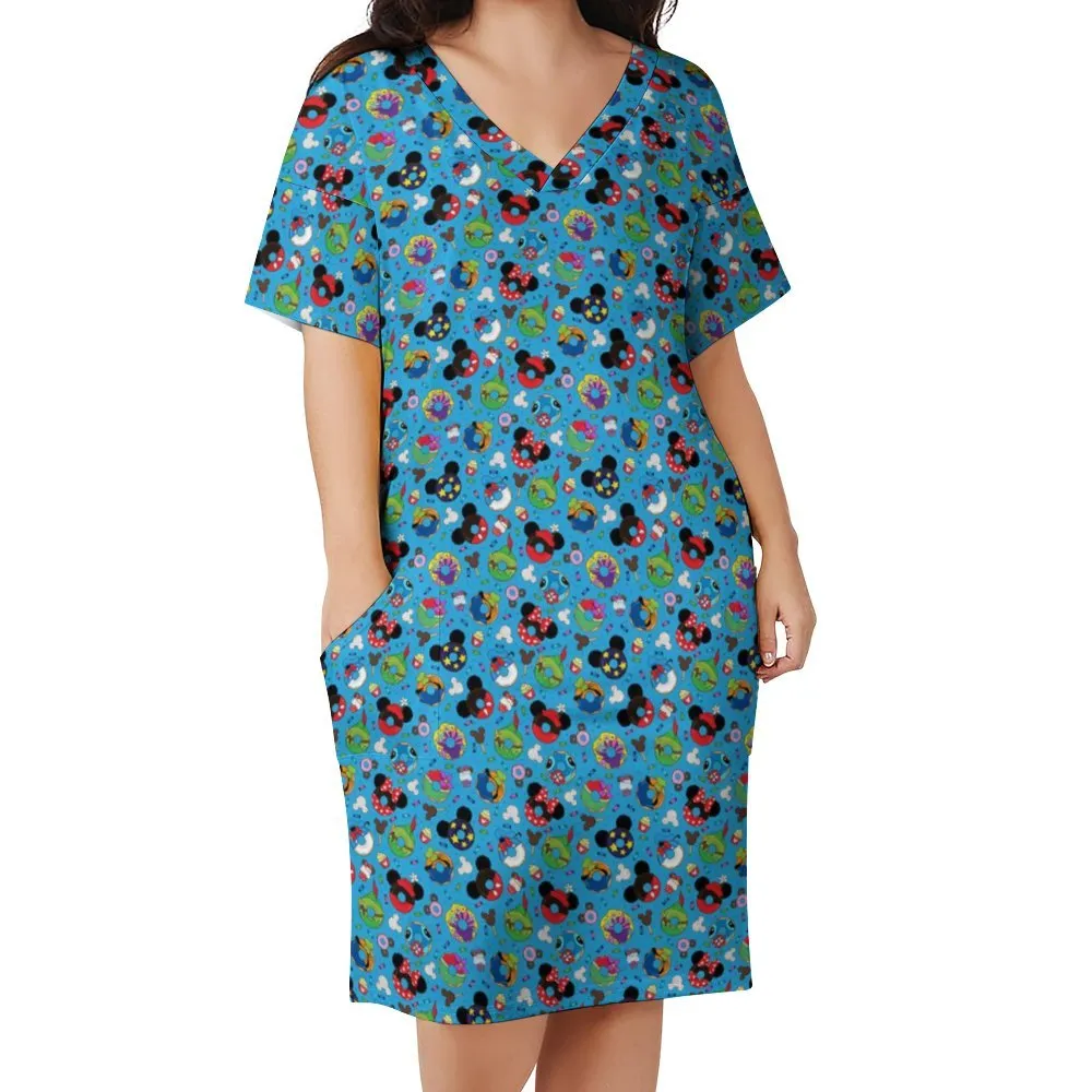 Character Donuts Women's V-neck Loose Dress With Pockets