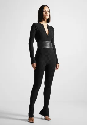 Chequerboard Knit Jumpsuit with Belt - Black