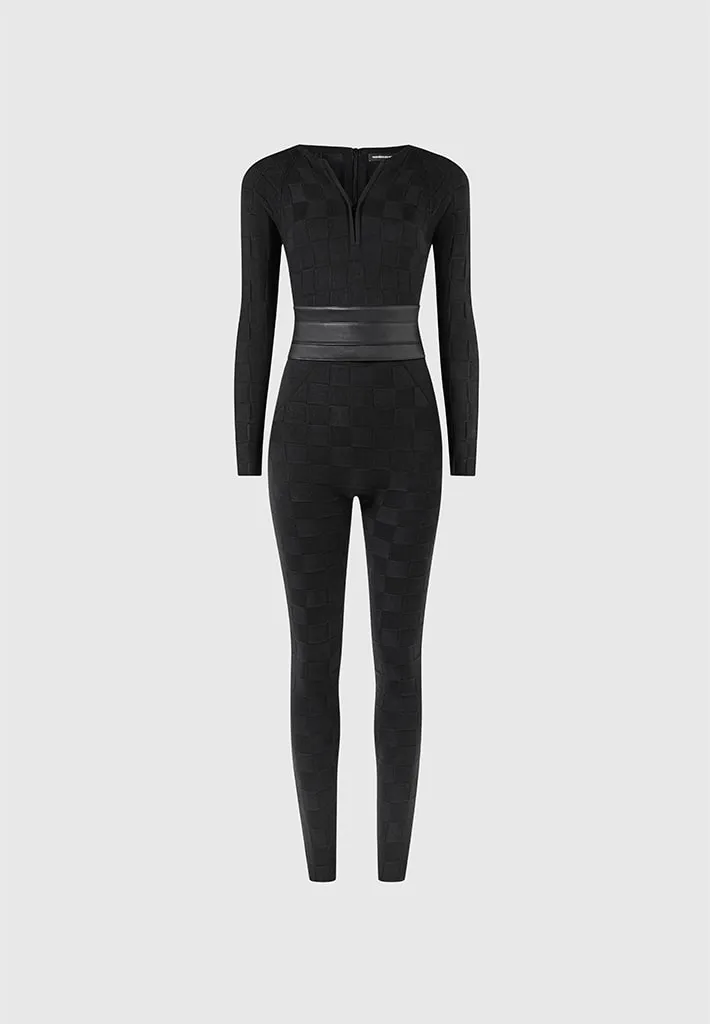 Chequerboard Knit Jumpsuit with Belt - Black