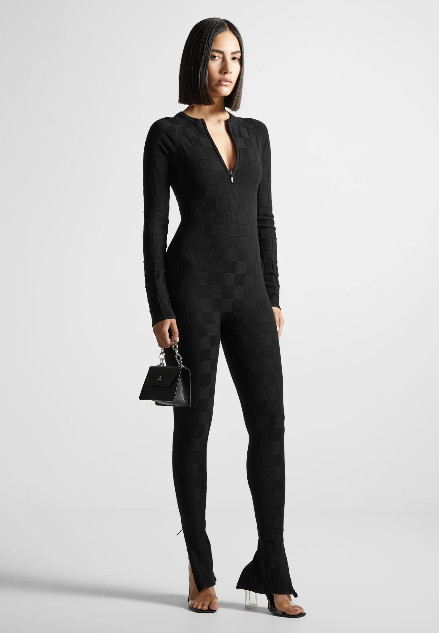 Chequerboard Knit Jumpsuit with Belt - Black