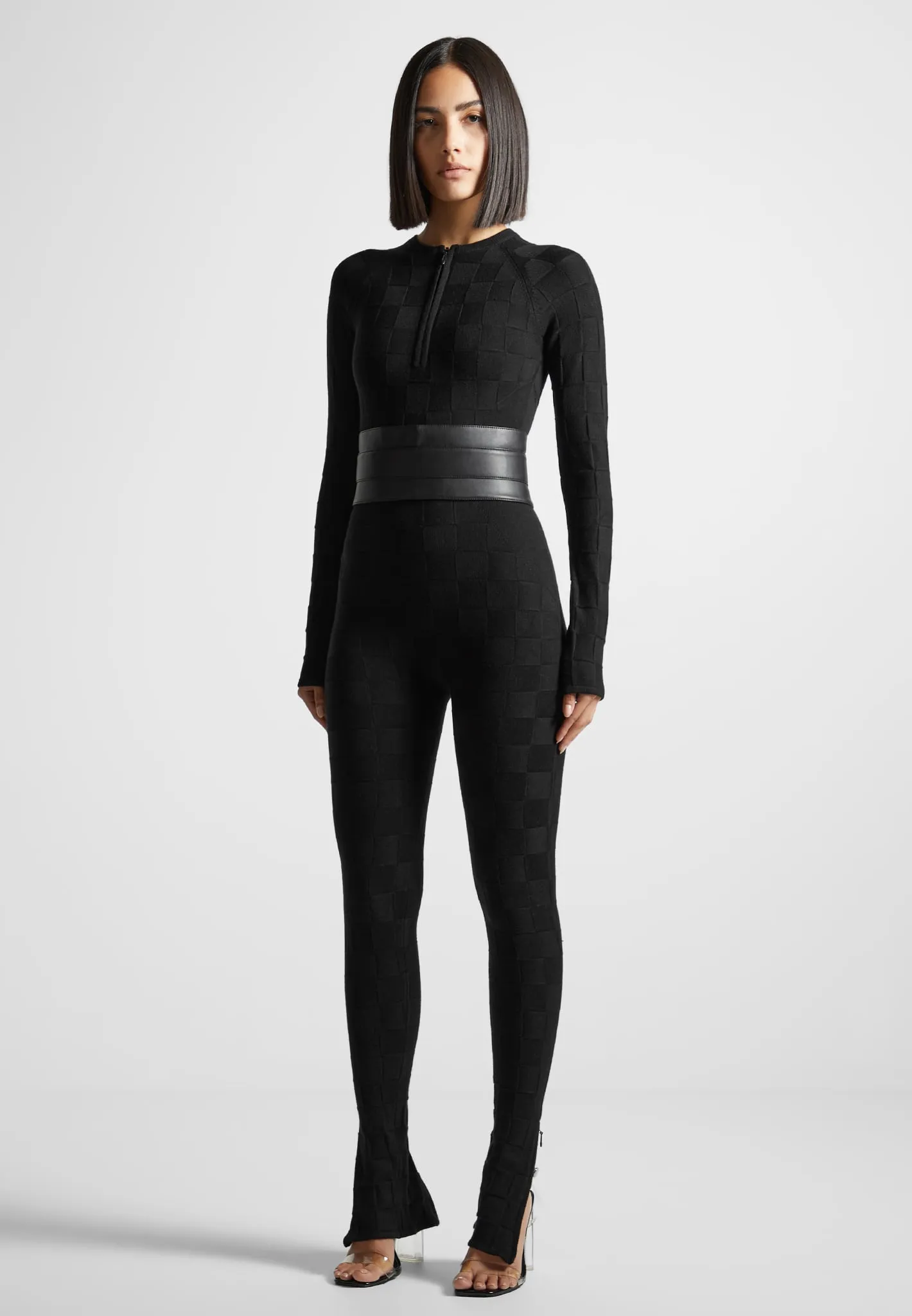 Chequerboard Knit Jumpsuit with Belt - Black