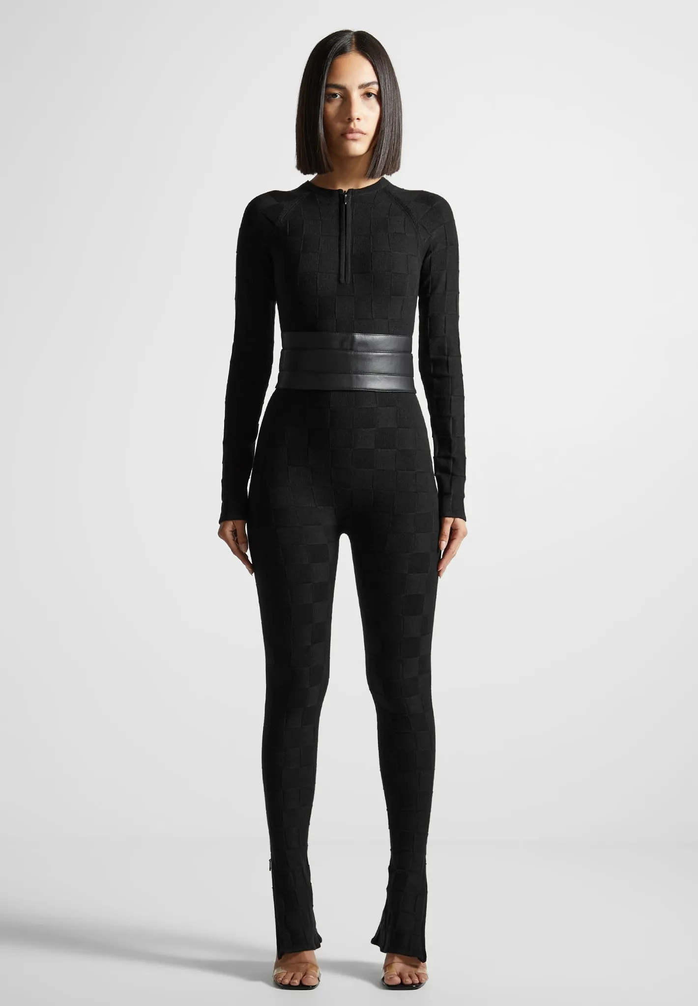 Chequerboard Knit Jumpsuit with Belt - Black