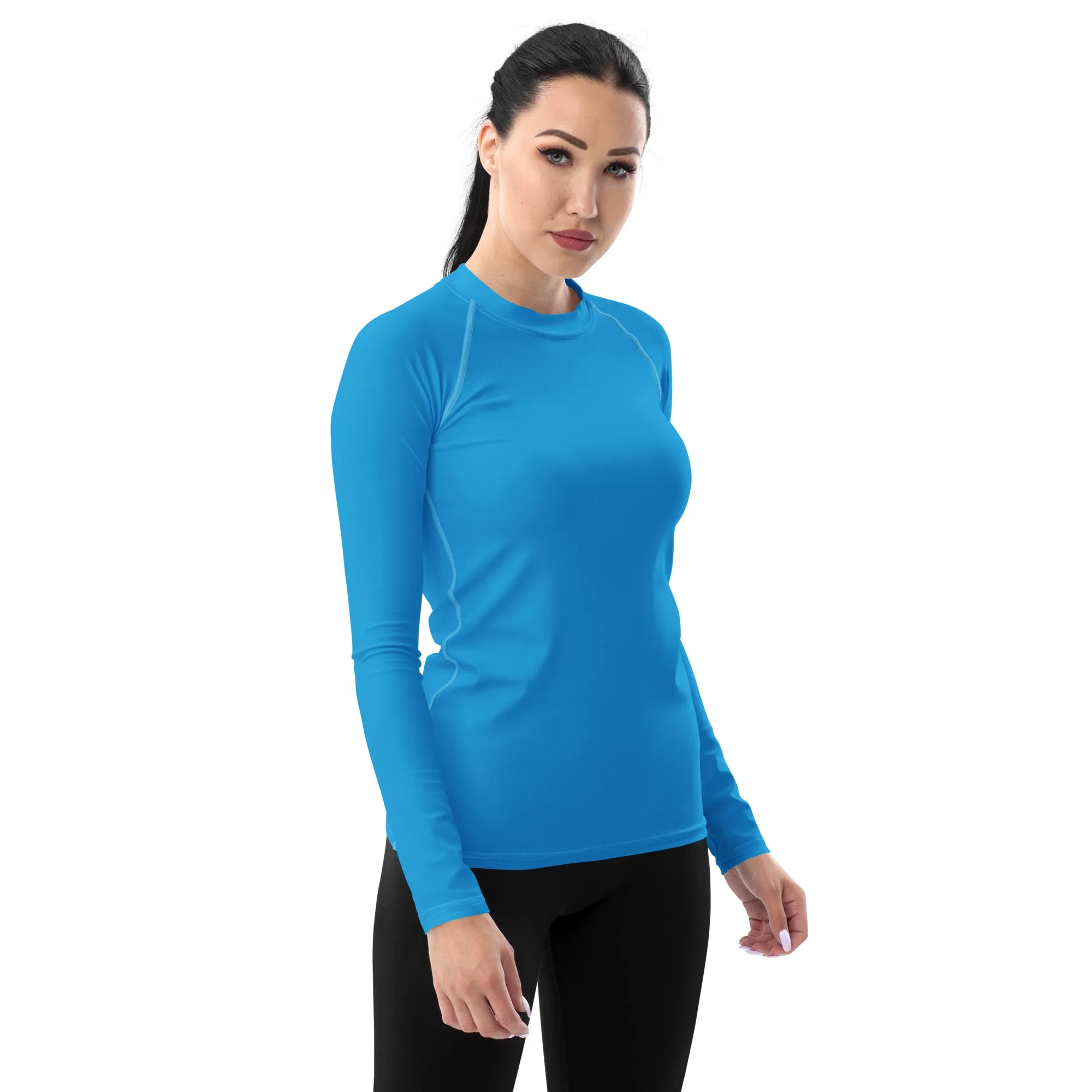 Chic Simplicity: Solid Color Long Sleeve Rash Guard for Women - Cyan