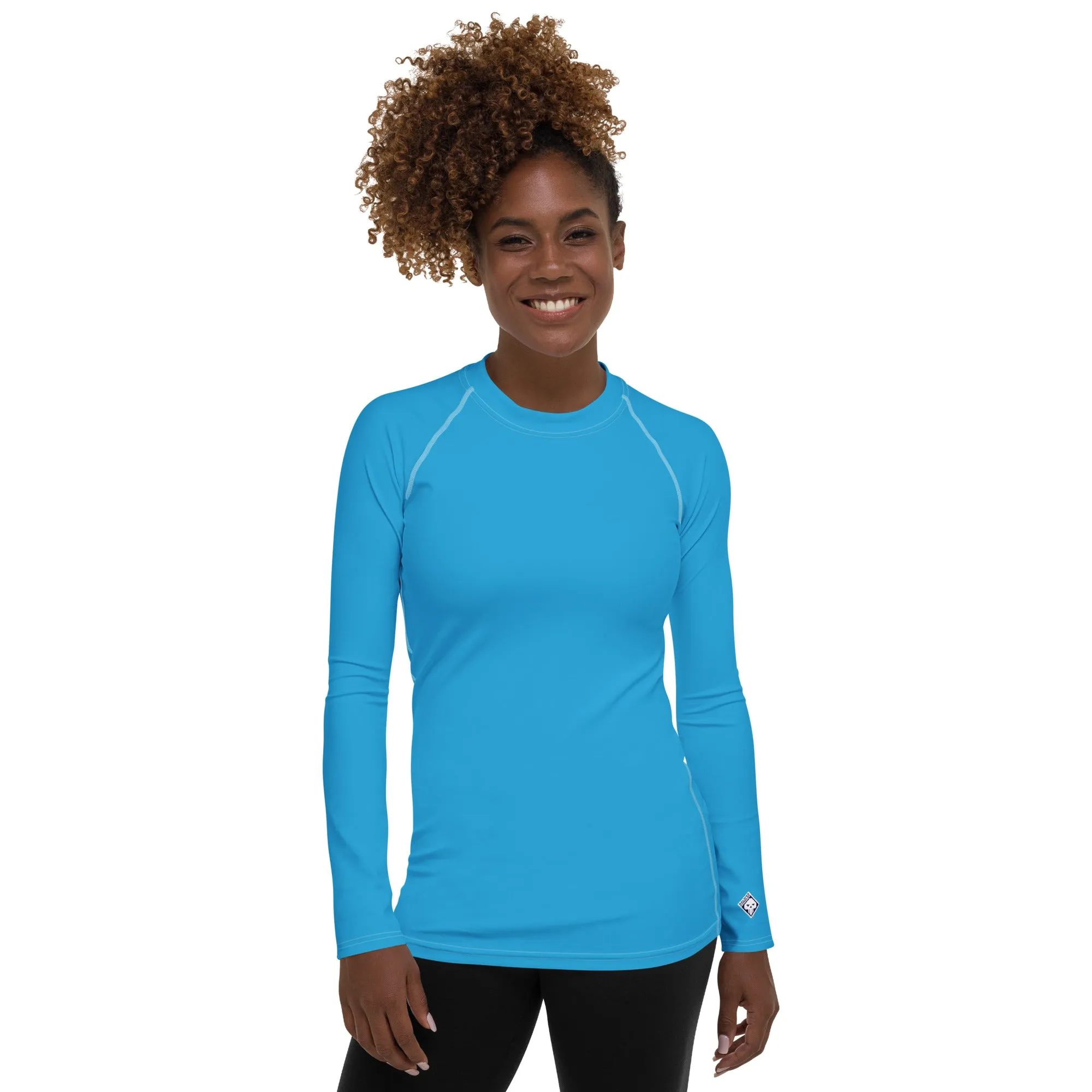 Chic Simplicity: Solid Color Long Sleeve Rash Guard for Women - Cyan