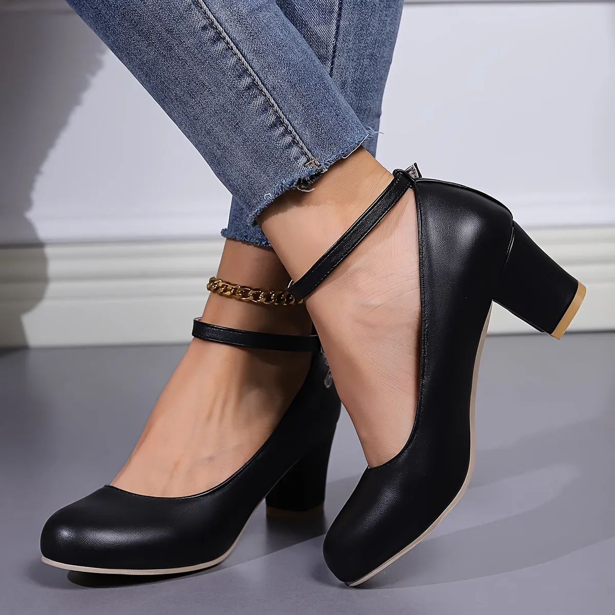 Chic Womens Chunky Heel Ankle Strap Shoes - Comfortable Mid Heels, Premium Faux Leather, Non-Slip Pumps for Everyday Style