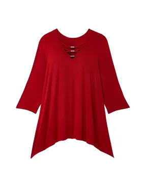 Christine 3/4 Sleeve V-Neck Hardware Sharkbite Top | Red