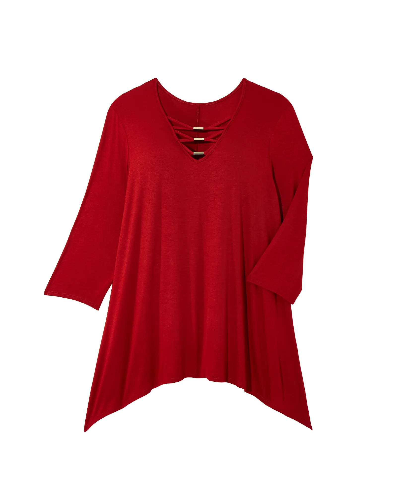 Christine 3/4 Sleeve V-Neck Hardware Sharkbite Top | Red