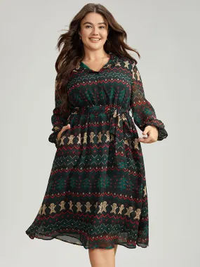 Christmas Button Through Belted Mesh Patchwork Dress