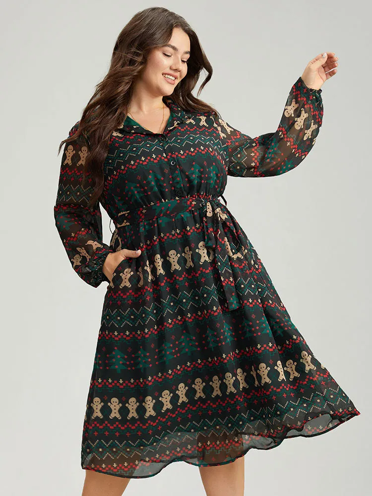 Christmas Button Through Belted Mesh Patchwork Dress