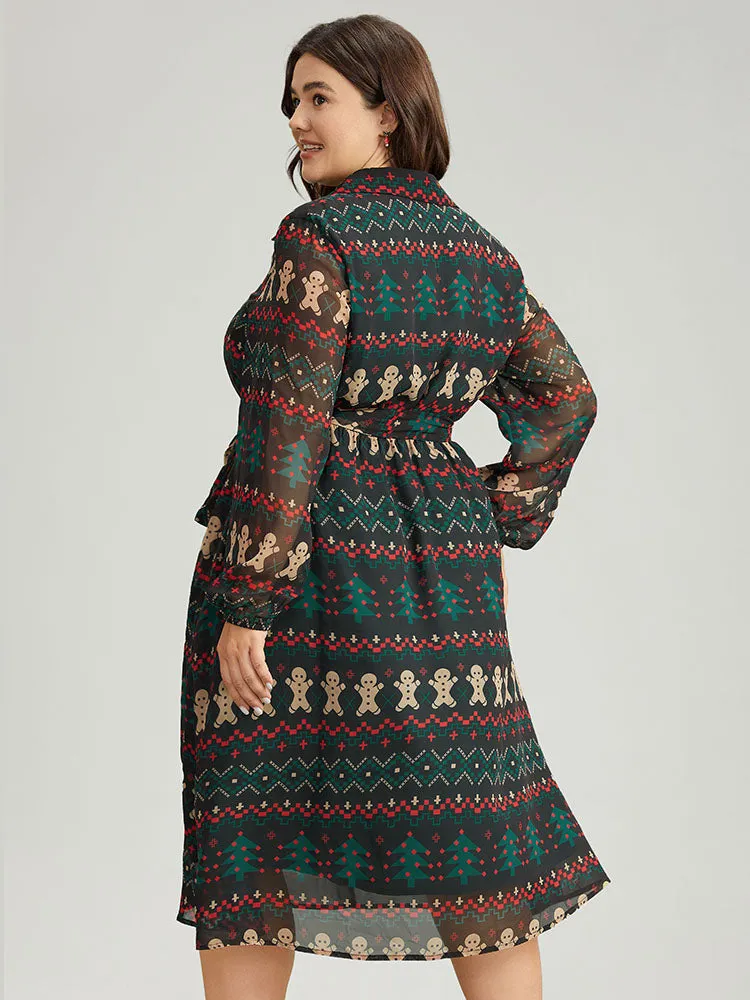 Christmas Button Through Belted Mesh Patchwork Dress