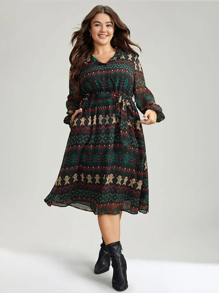 Christmas Button Through Belted Mesh Patchwork Dress