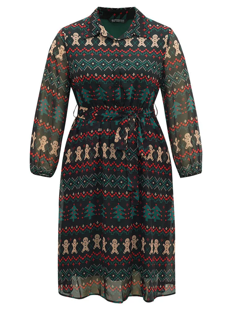 Christmas Button Through Belted Mesh Patchwork Dress