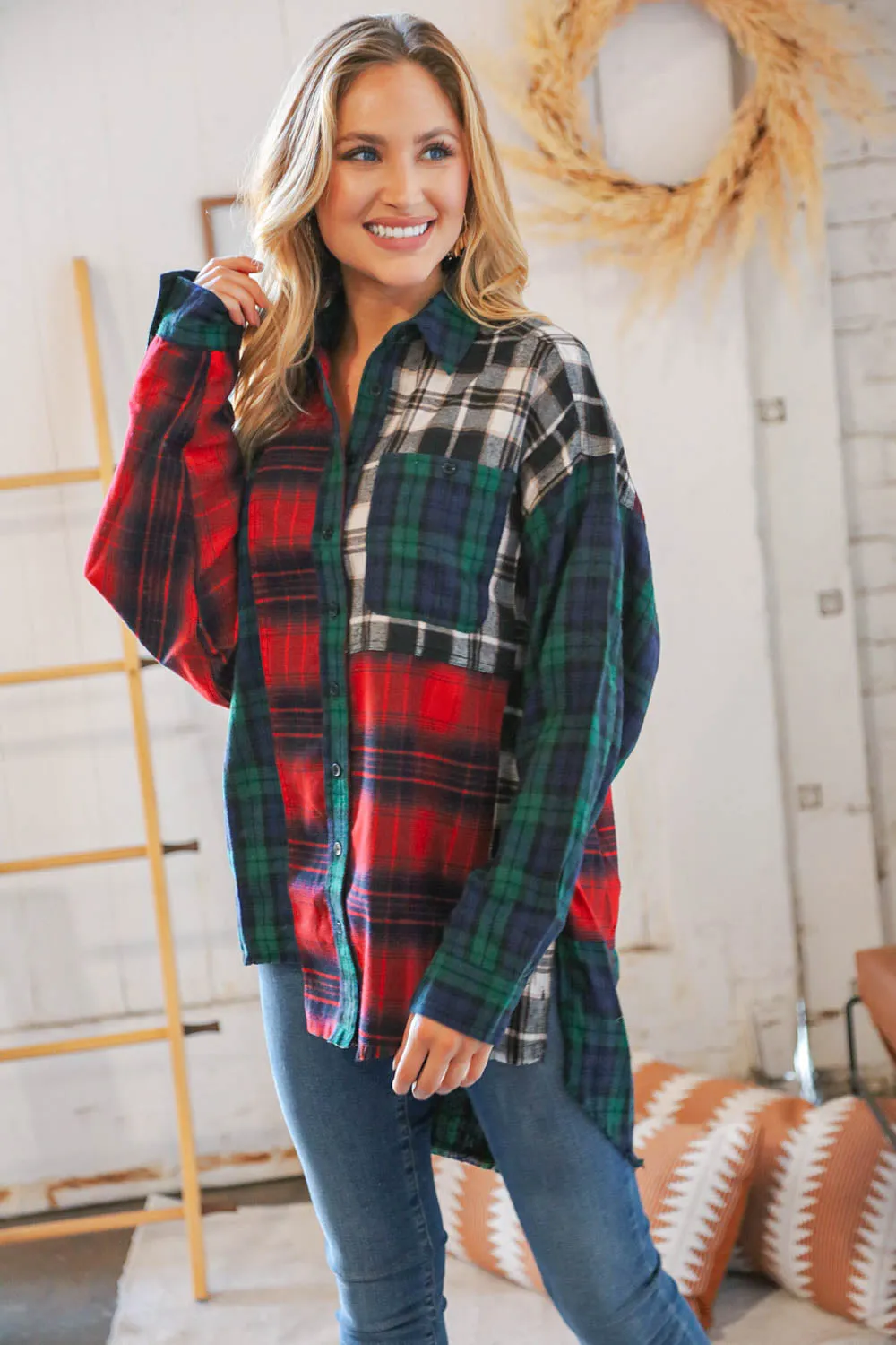 Christmas Plaid Cotton Color Block Cut-Edge Shacket