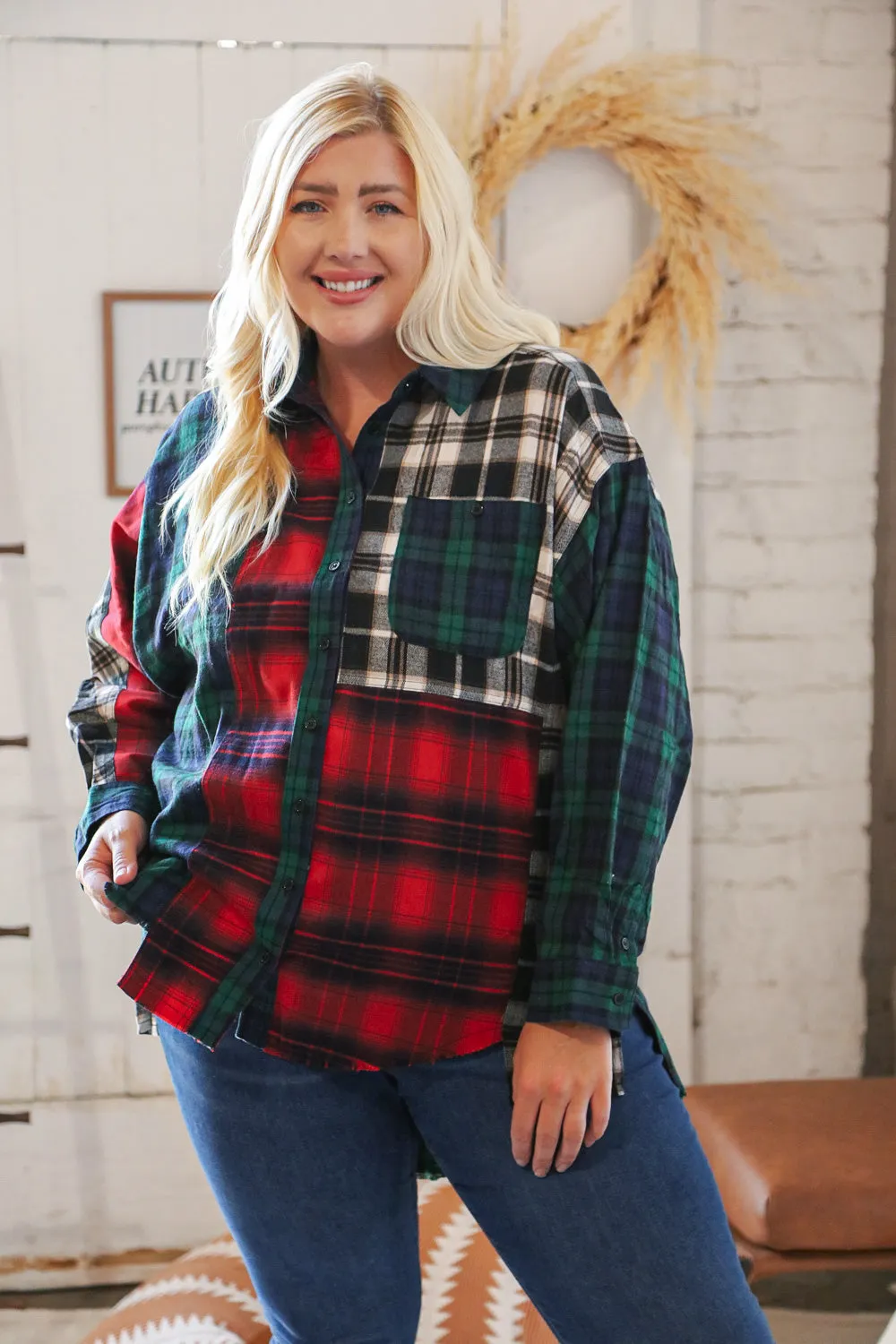 Christmas Plaid Cotton Color Block Cut-Edge Shacket