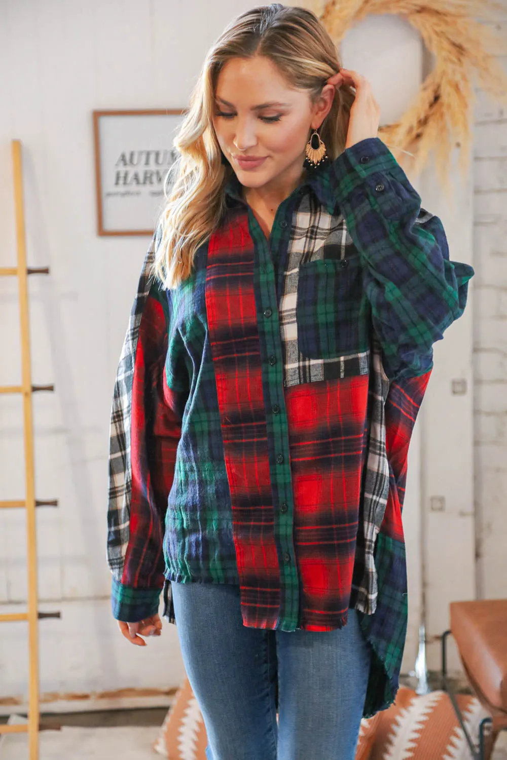 Christmas Plaid Cotton Color Block Cut-Edge Shacket