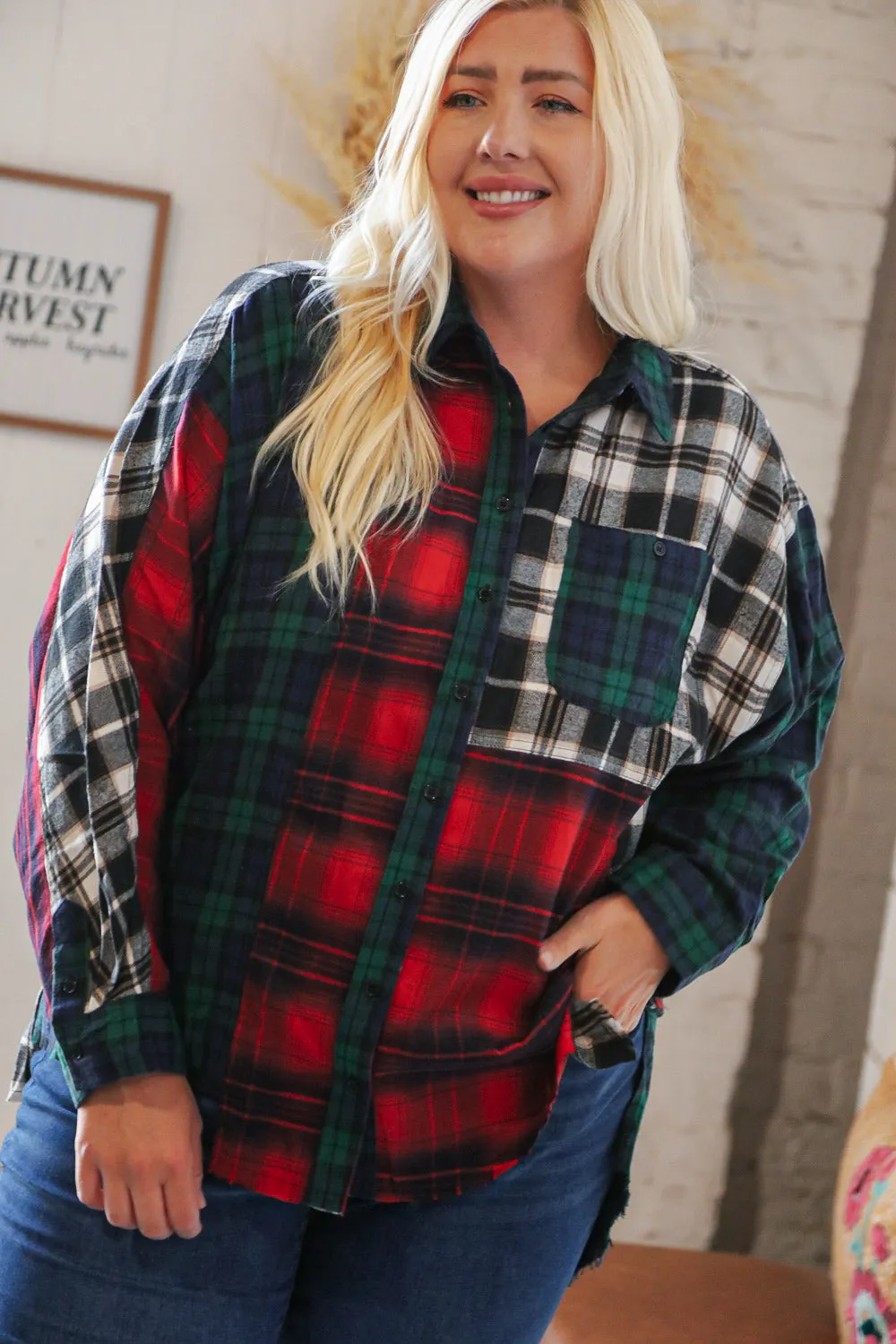 Christmas Plaid Cotton Color Block Cut-Edge Shacket