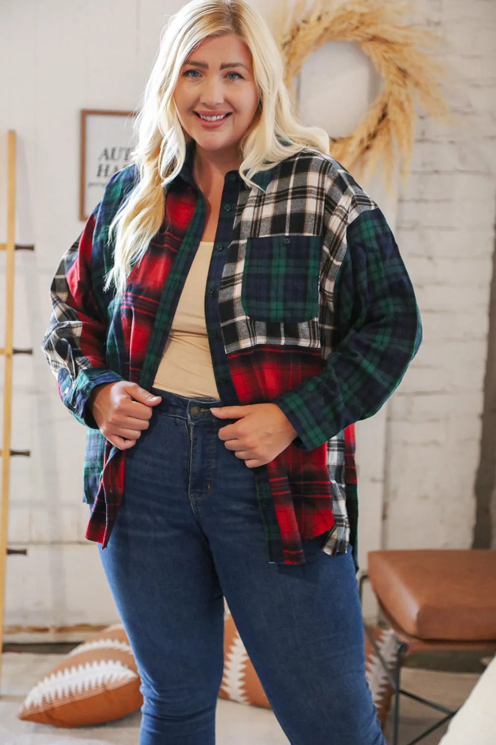 Christmas Plaid Cotton Color Block Cut-Edge Shacket