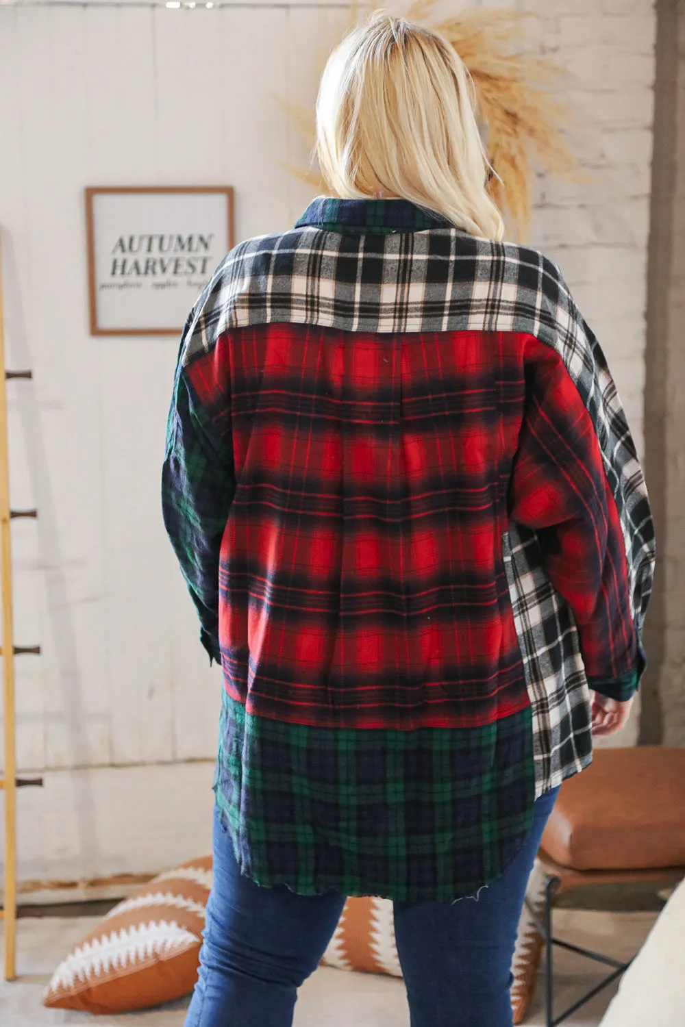 Christmas Plaid Cotton Color Block Cut-Edge Shacket