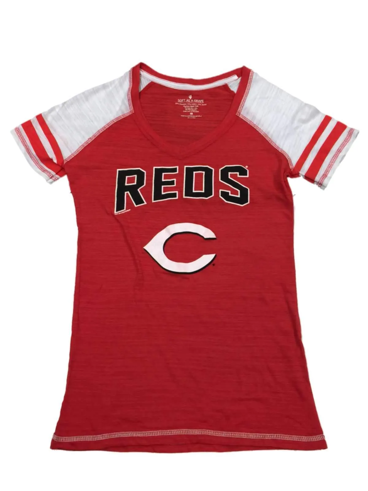 Cincinnati Reds SAAG WOMENS Red White Jersey Style Burnout V-Neck T-Shirt