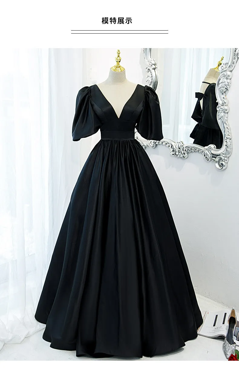 Classy Black Prom Dress Formal Dress with Bubble Sleeves