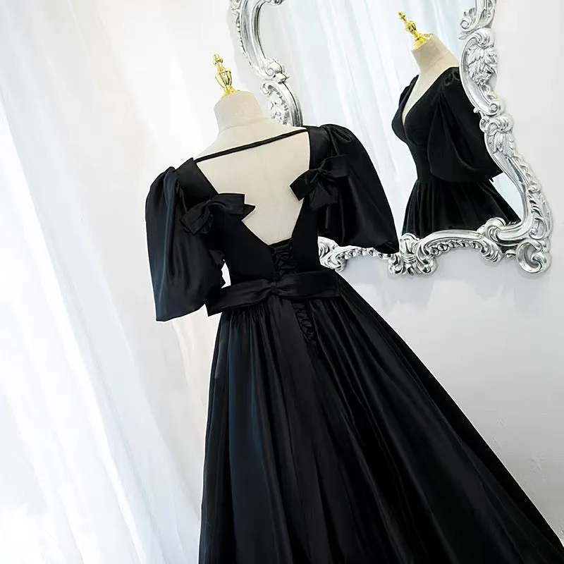 Classy Black Prom Dress Formal Dress with Bubble Sleeves