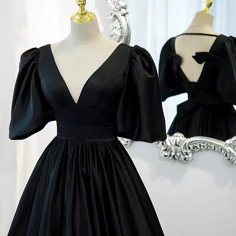 Classy Black Prom Dress Formal Dress with Bubble Sleeves