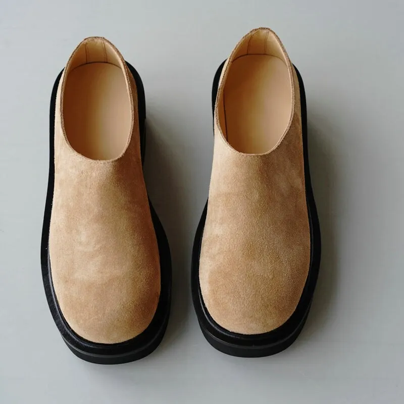 Comfy Genuine Leather Women Loafers Slip On Walking Platform in Black/Camel