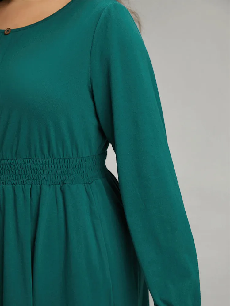 Cotton Shirred Button Detail Dress