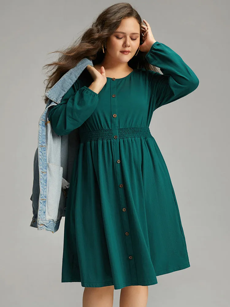 Cotton Shirred Button Detail Dress