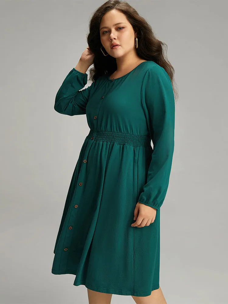 Cotton Shirred Button Detail Dress