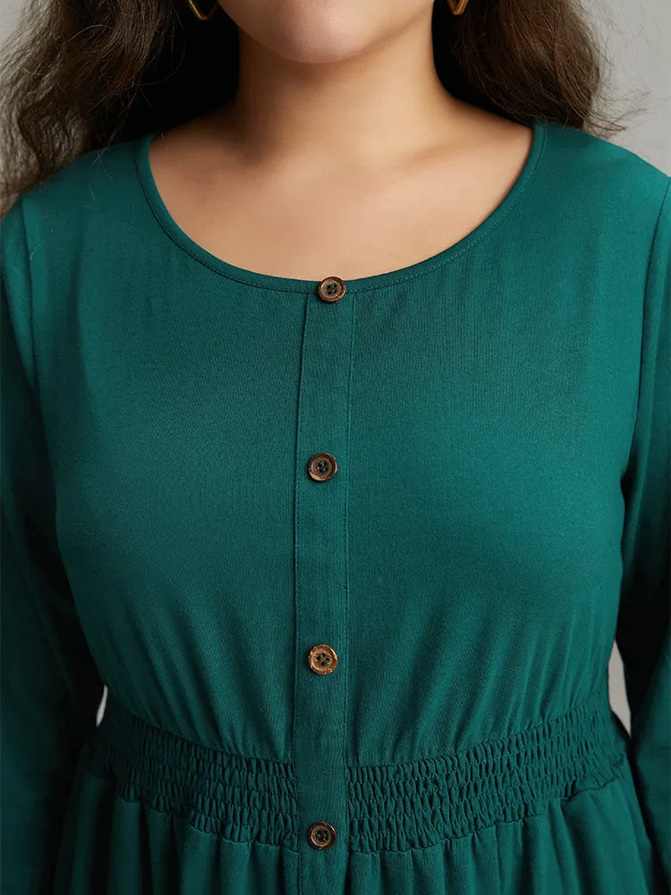 Cotton Shirred Button Detail Dress