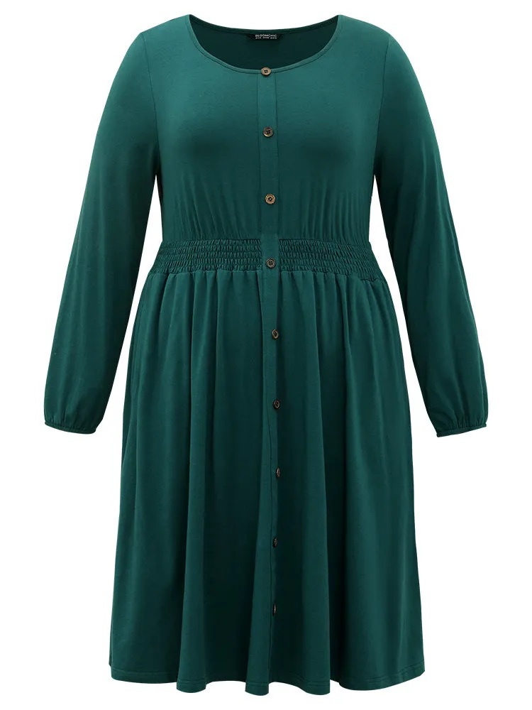 Cotton Shirred Button Detail Dress