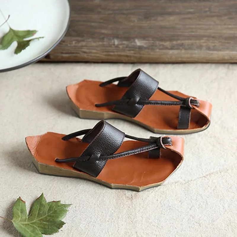 Cowhide Leather Sandals Wave Edge Sole Split Toe Slippers