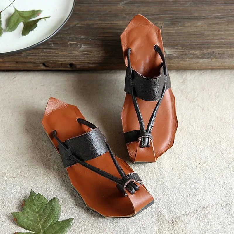 Cowhide Leather Sandals Wave Edge Sole Split Toe Slippers