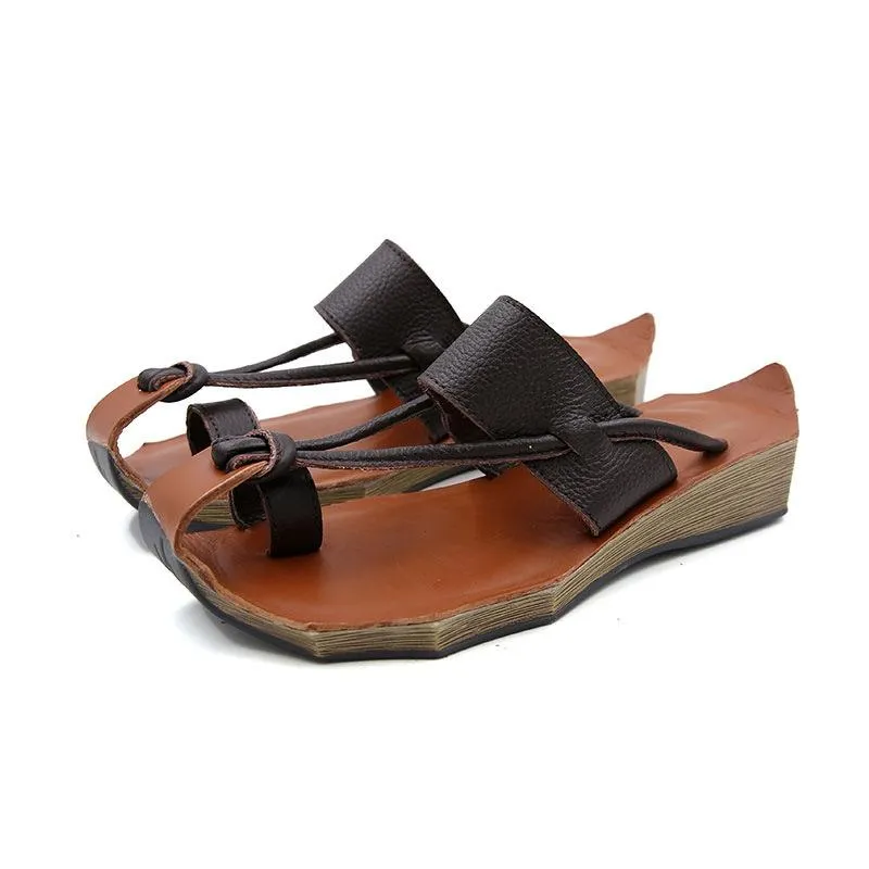 Cowhide Leather Sandals Wave Edge Sole Split Toe Slippers