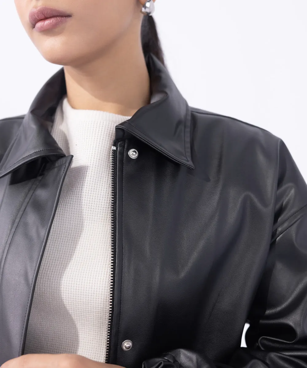 Cropped Faux Leather Jacket