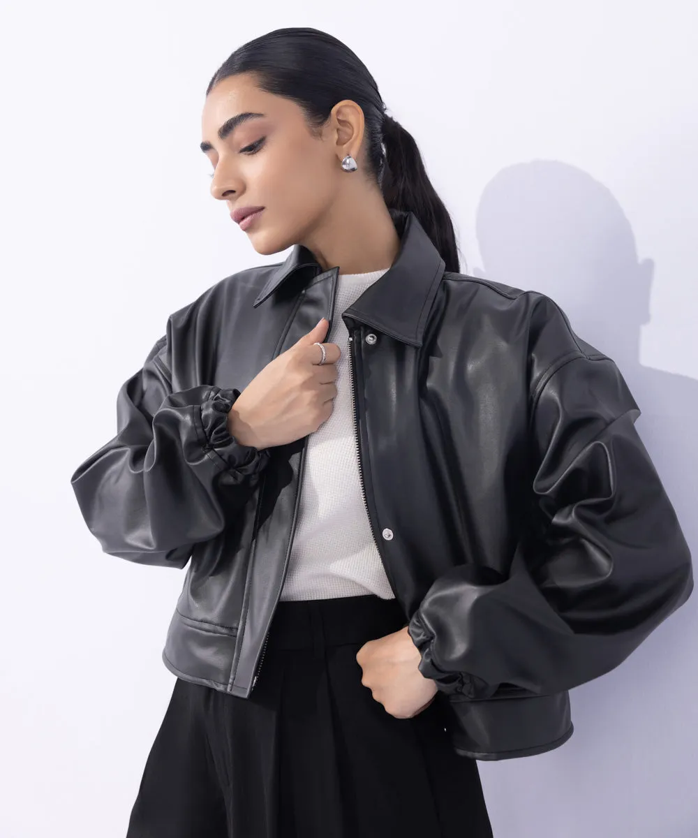 Cropped Faux Leather Jacket