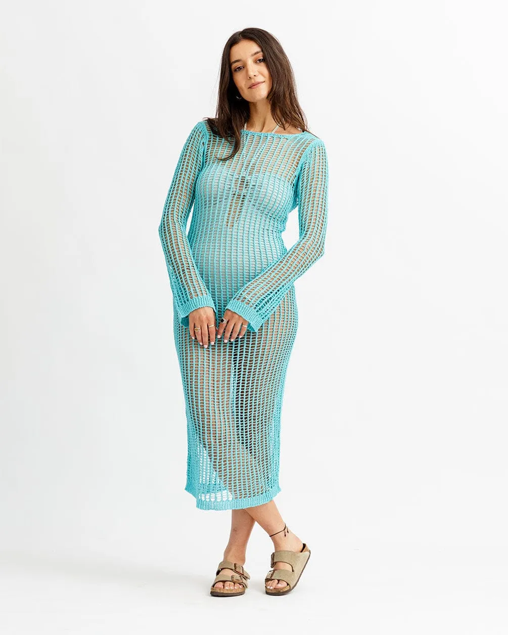 Cyan Knitted Fishnet Dress