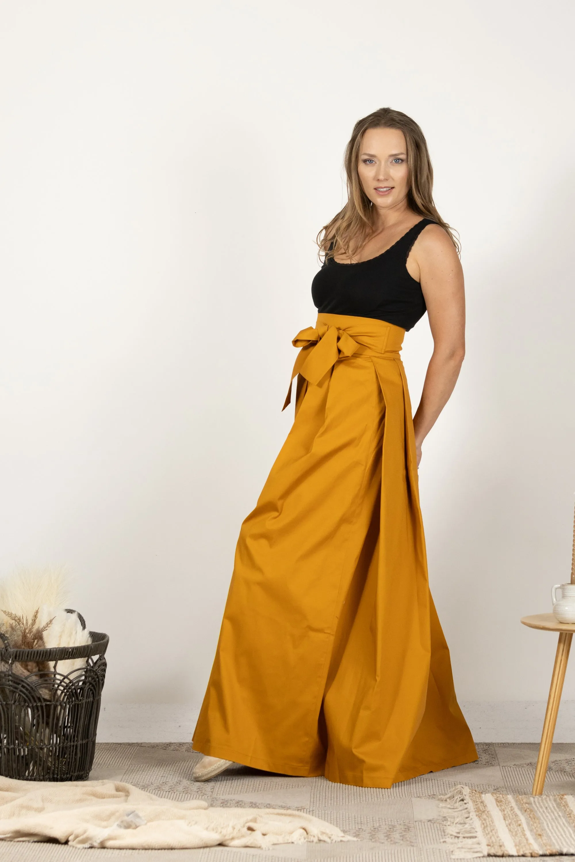 Deep Yellow High Waist Pleated Maxi Skirt