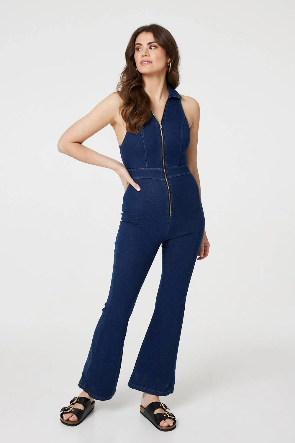 Denim Zip Front Flared Jumpsuit