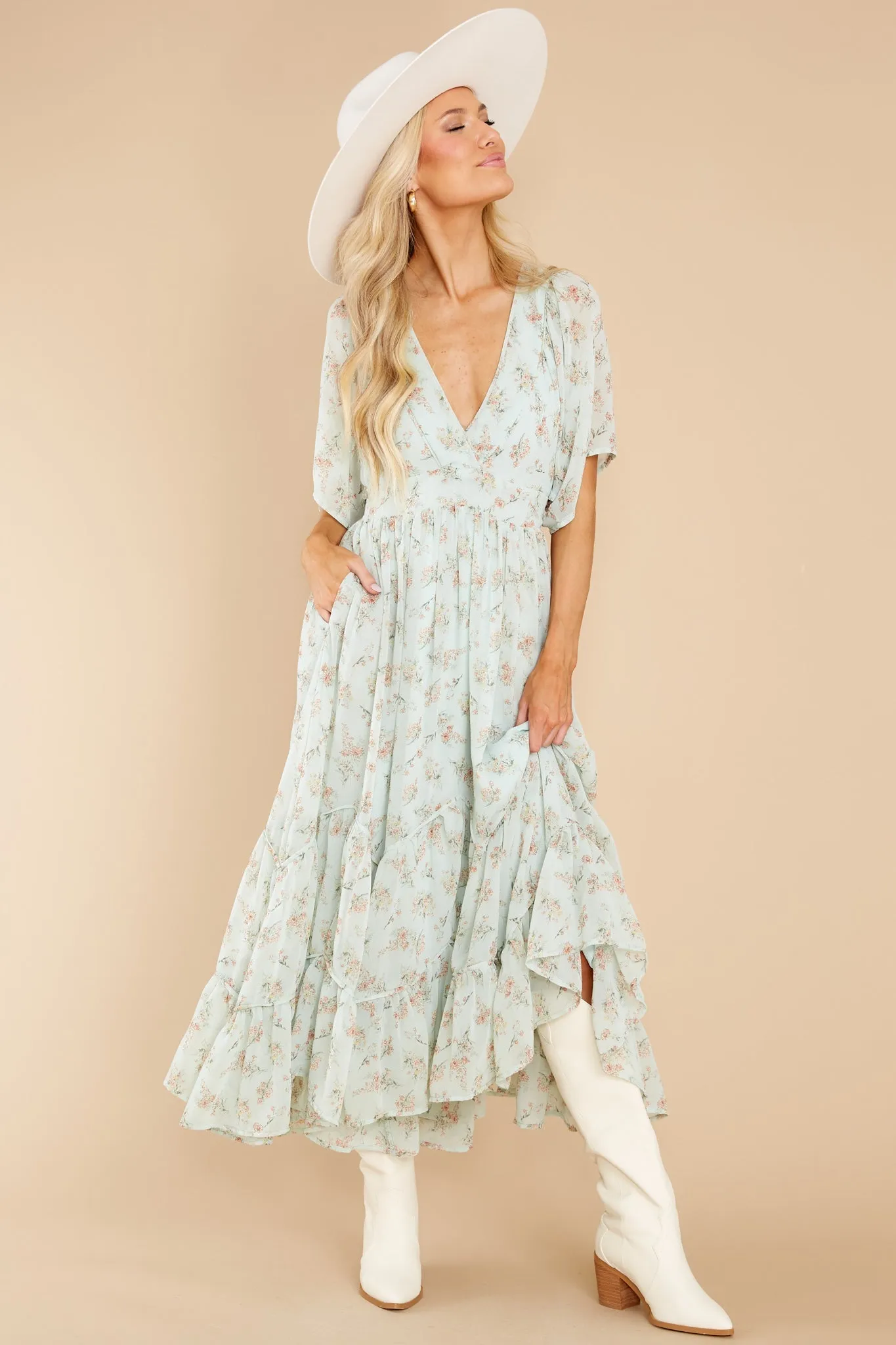 Destiny Awaits Sage Floral Print Midi Dress