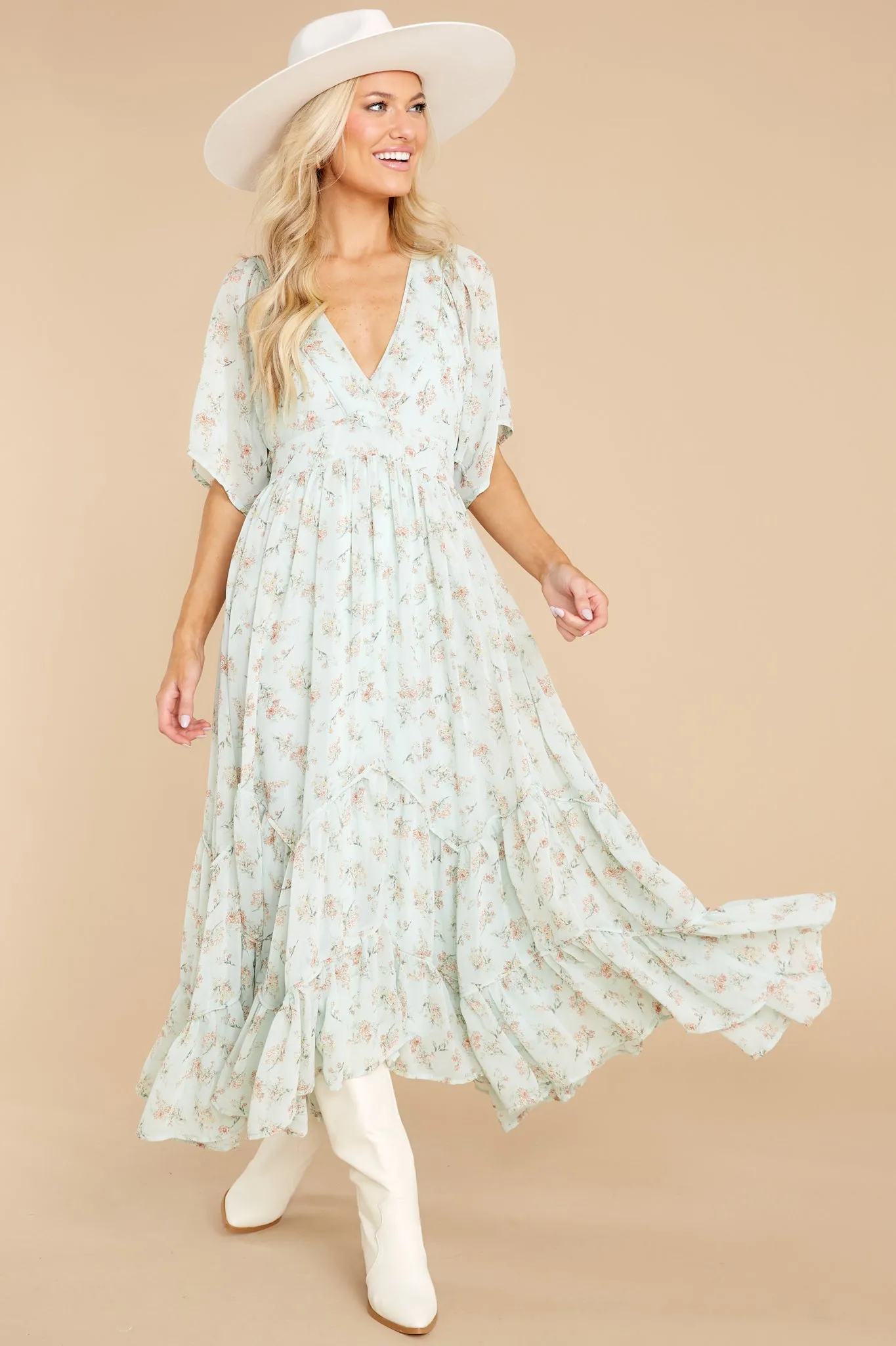 Destiny Awaits Sage Floral Print Midi Dress