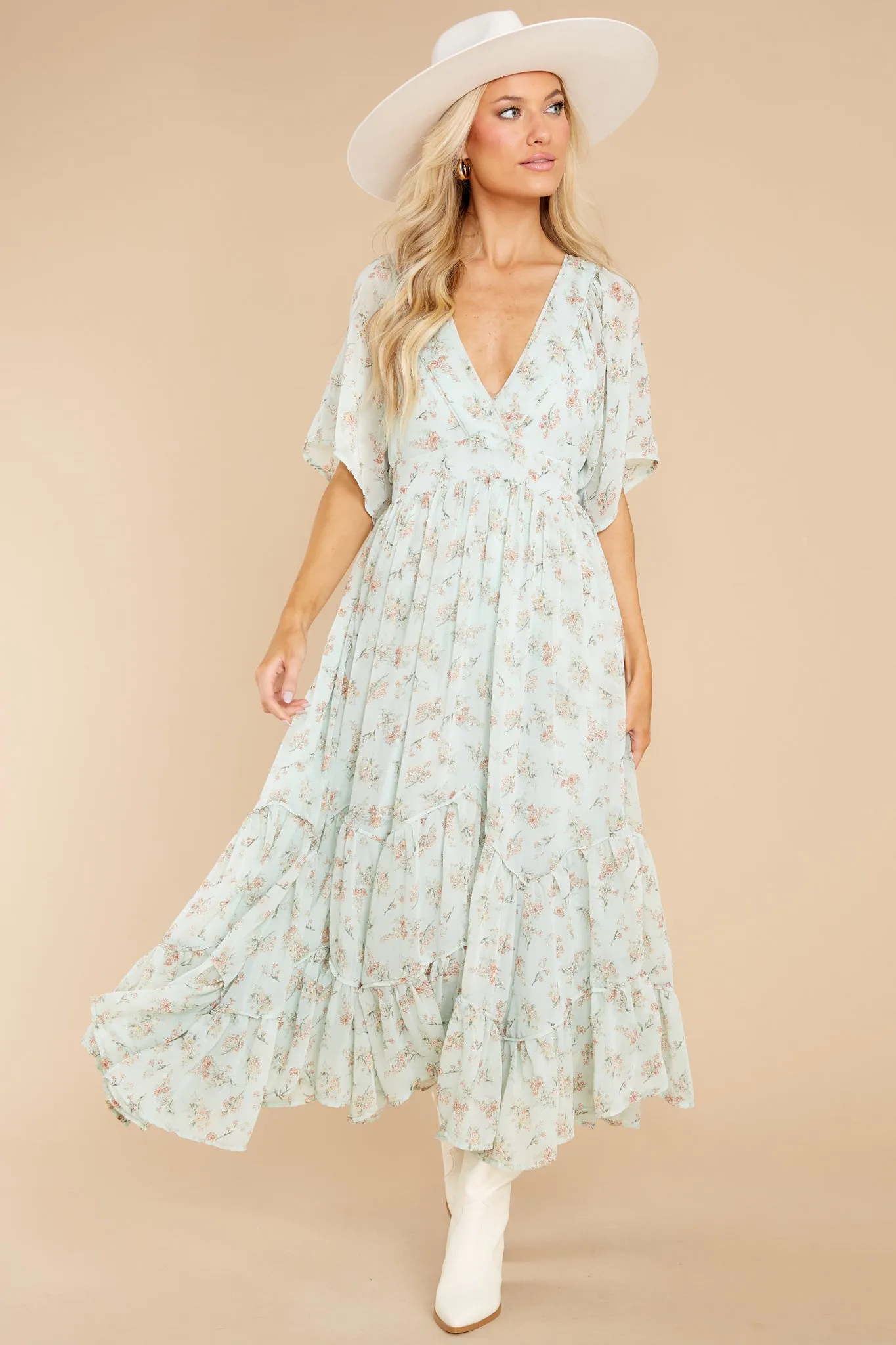 Destiny Awaits Sage Floral Print Midi Dress