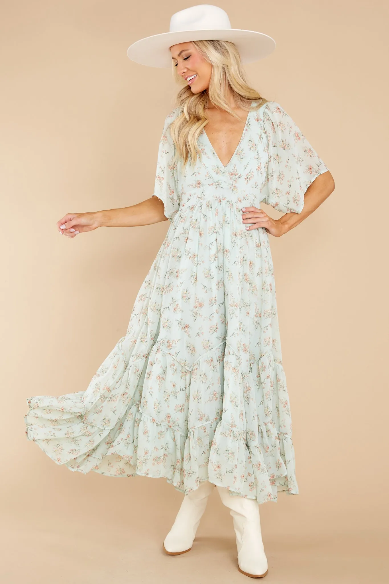 Destiny Awaits Sage Floral Print Midi Dress