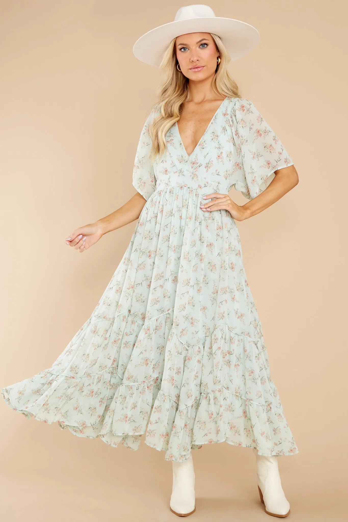 Destiny Awaits Sage Floral Print Midi Dress