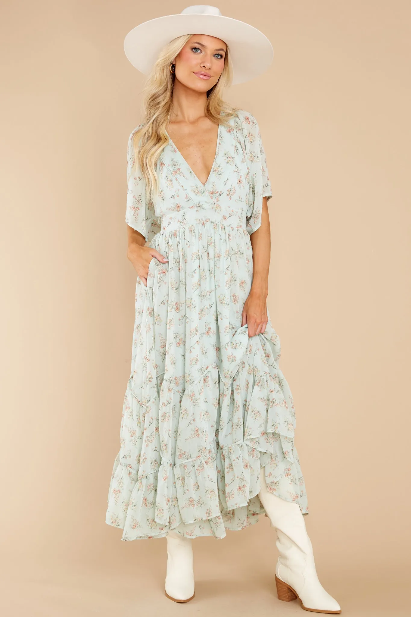 Destiny Awaits Sage Floral Print Midi Dress